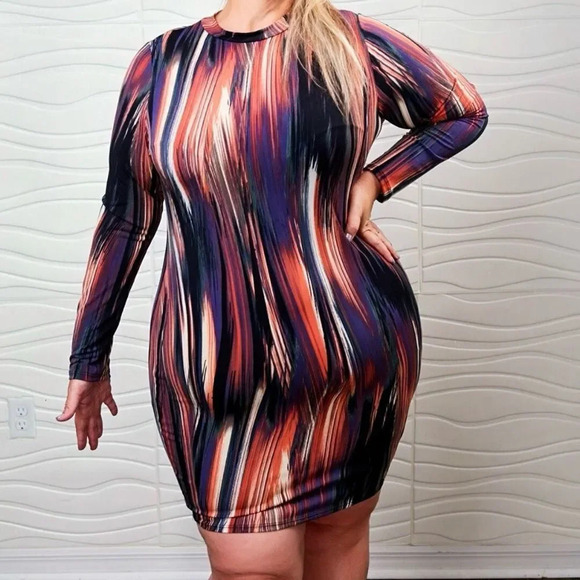Curvy Sense Size 1X‎ Casual Long Sleeve Abstract Print BodyCon Dress Stretch - Picture 1 of 9